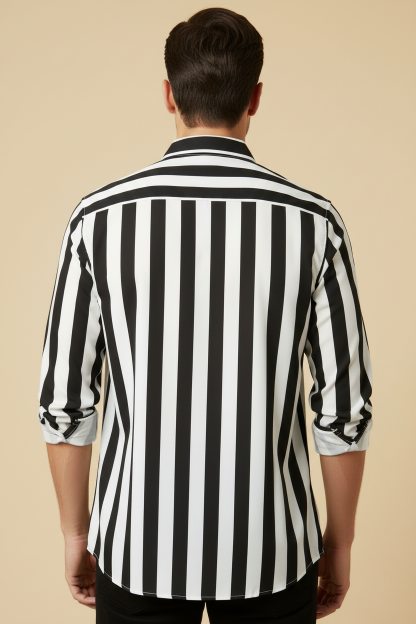 Back view of black and white striped shirt