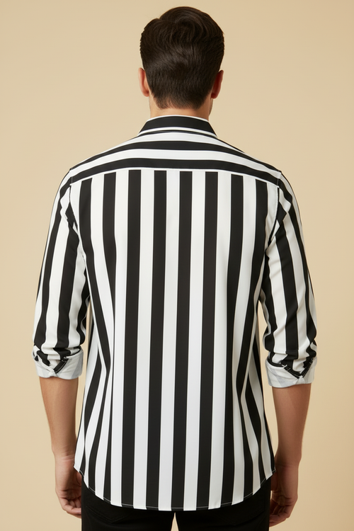 Back view of black and white striped shirt