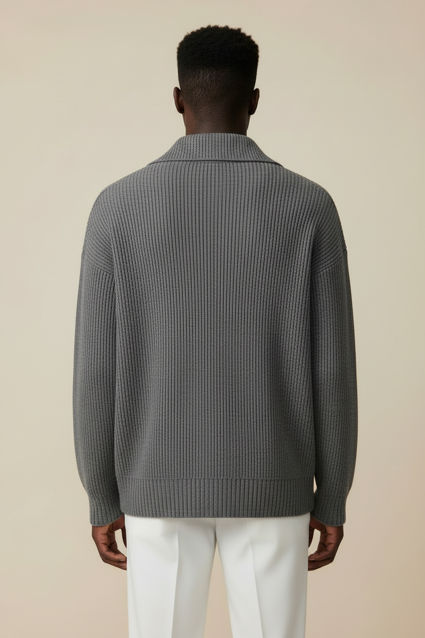 Back view of model wearing gray corduroy cardigan