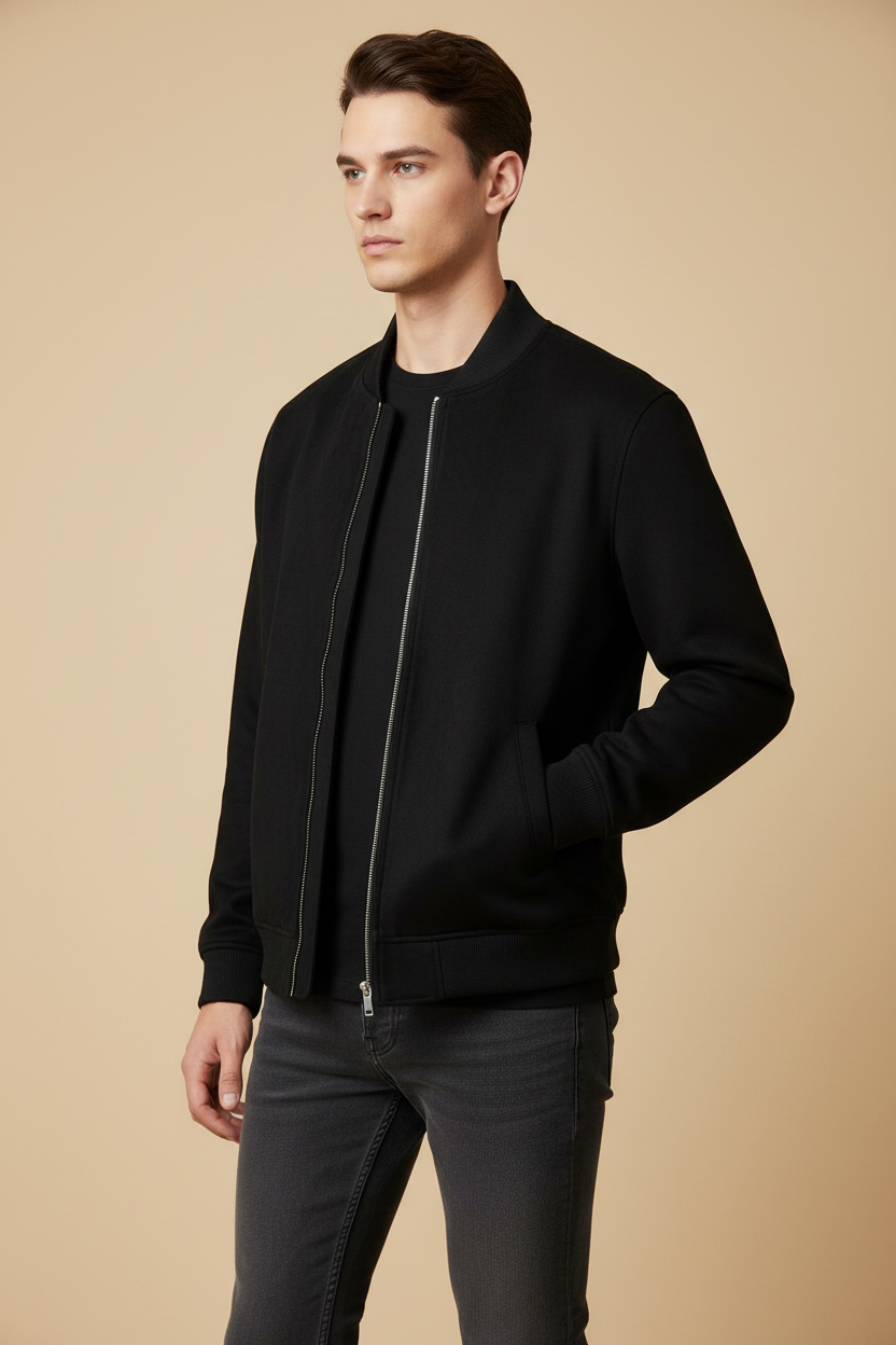Male model wearing black bomber jacket