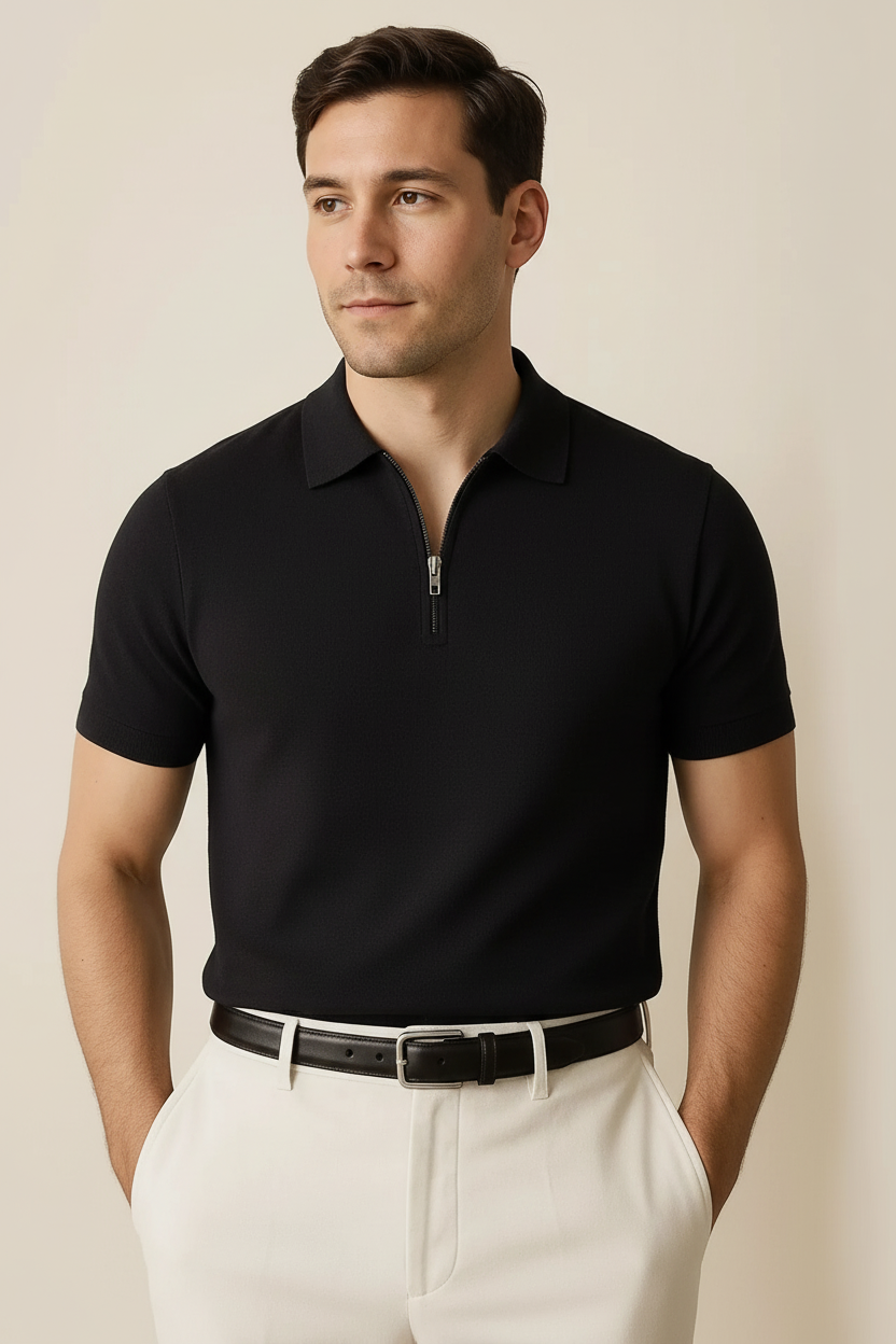 Model with arm hair wearing black polo