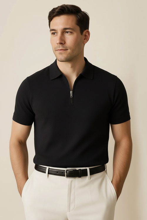 Model with arm hair wearing black polo